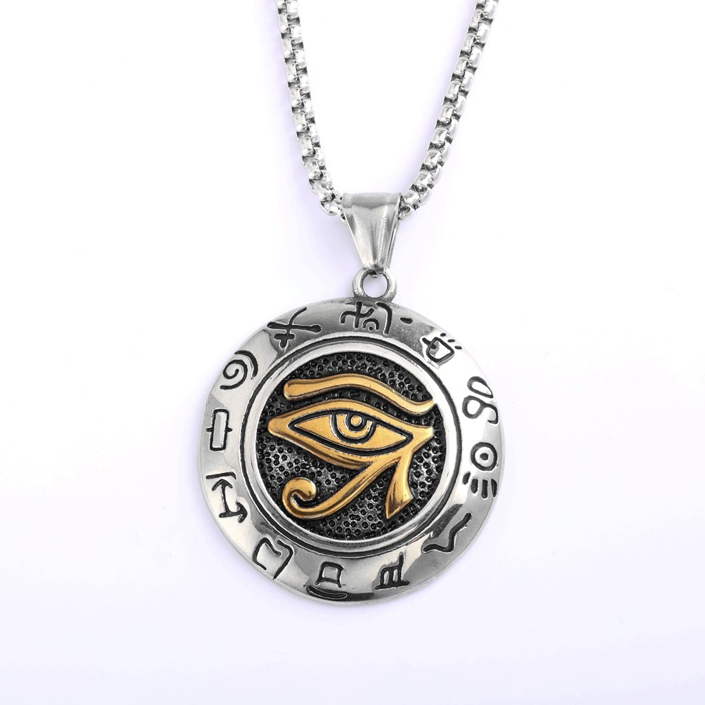 Vintage Stainless Steel Men's Egyptian Eye of Horus Round Pendant Necklace