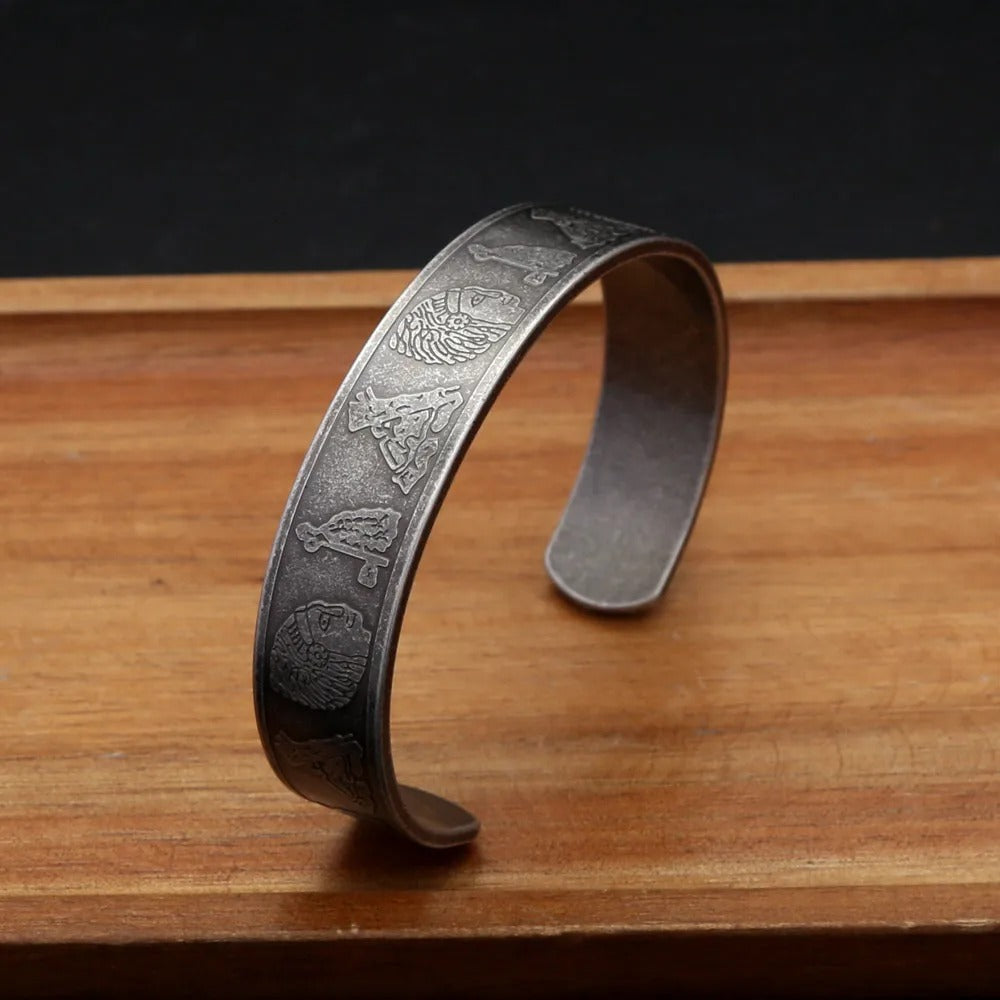 Ancient Egyptian Pharaoh Engraved Open C Bracelet for Men, Fashion Viking Style Stainless Steel Retro Cuff Bangle Jewelry