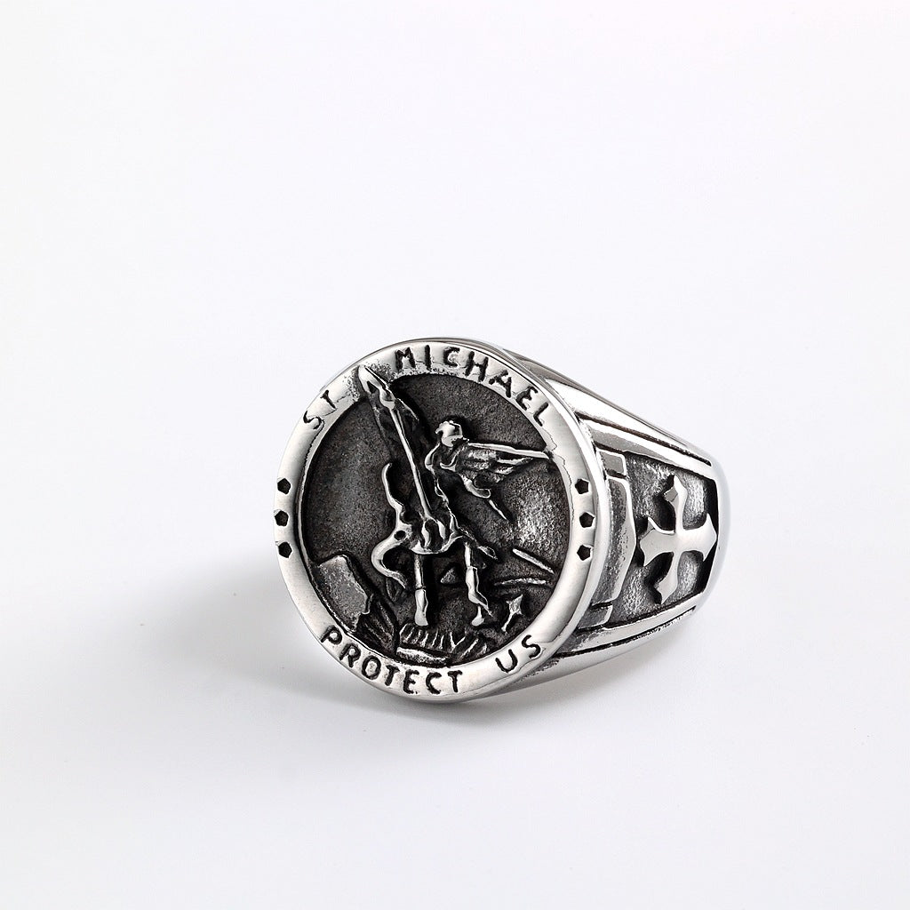 Vintage Solid Stainless Steel Archangel Saint Michael Dragon Slayer Round Signet Ring for Men