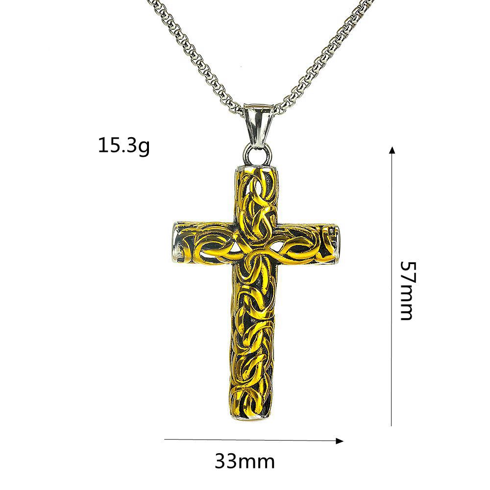 Vintage men's stainless steel carved cross pendant necklace