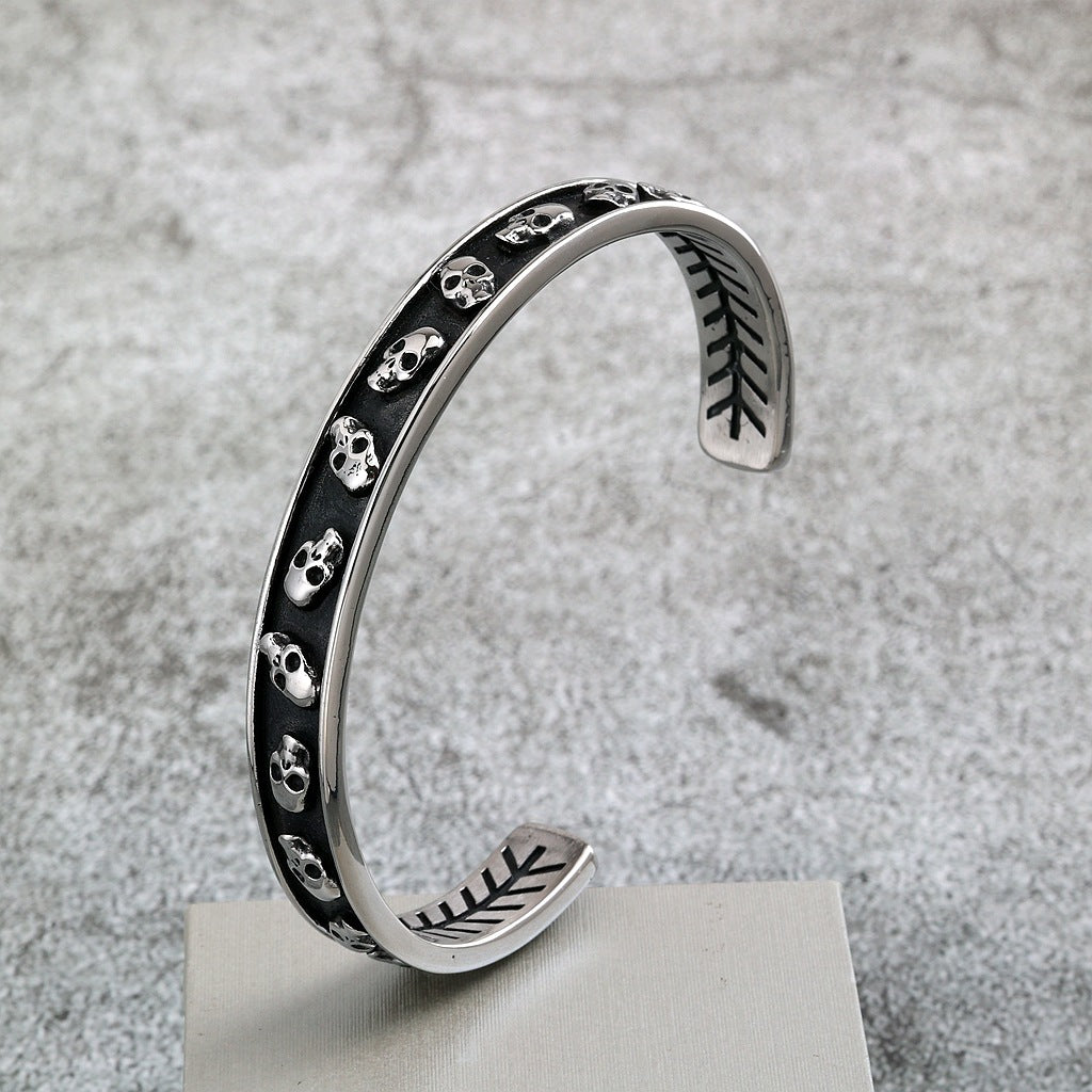 Vintage Punk Skull Stainless Steel Cuff Bracelet for Men, Biker Motorcycle Style Open C Bangle