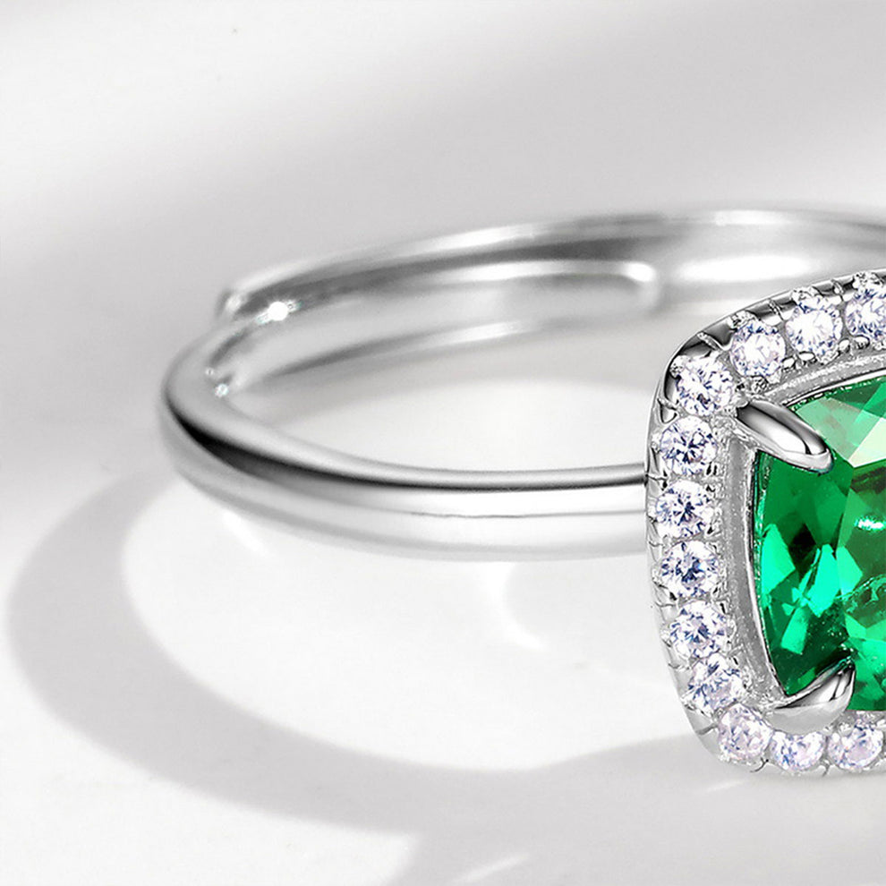 Women's White Gold Cushion Shape Emerald Halo Adjustable Ring