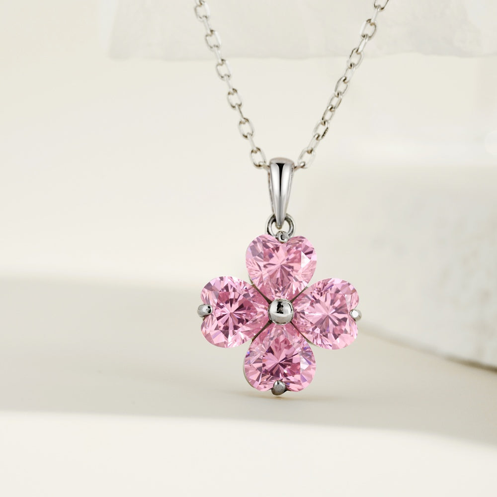 Women's Flower Pendant Necklace, Heart Shape Pink Sapphire Inlay, S925 with White Gold Platin