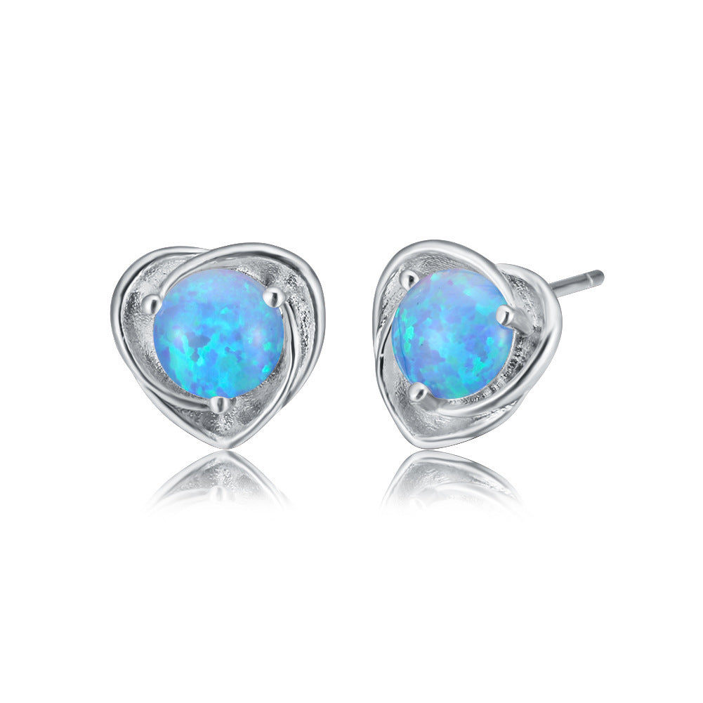 Women's Twisted Heart Shape Blue & White Opal Stud Earrings