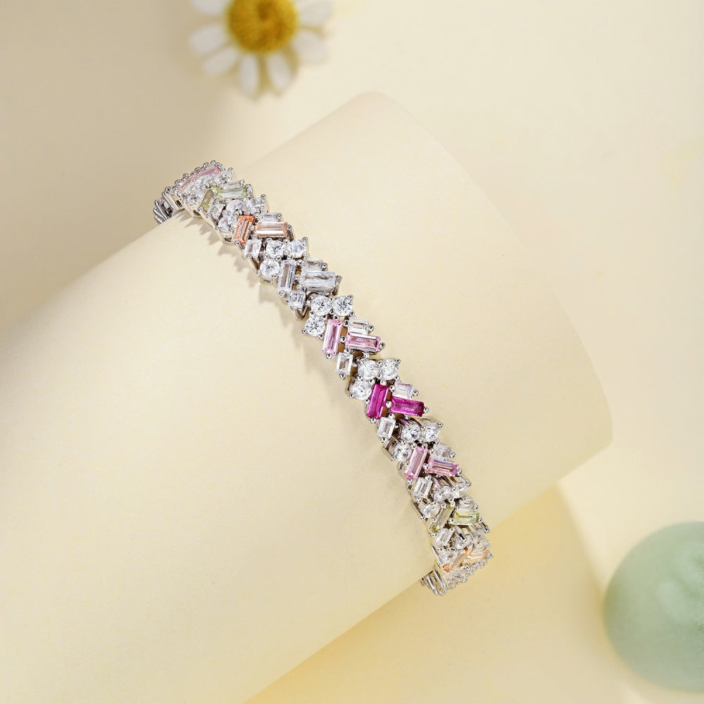 Women's Tennis Bracelet, Rainbow Multicolor Bagu‑Cut Rectangular Zirconia Inlay, S925 with White Gold Plating