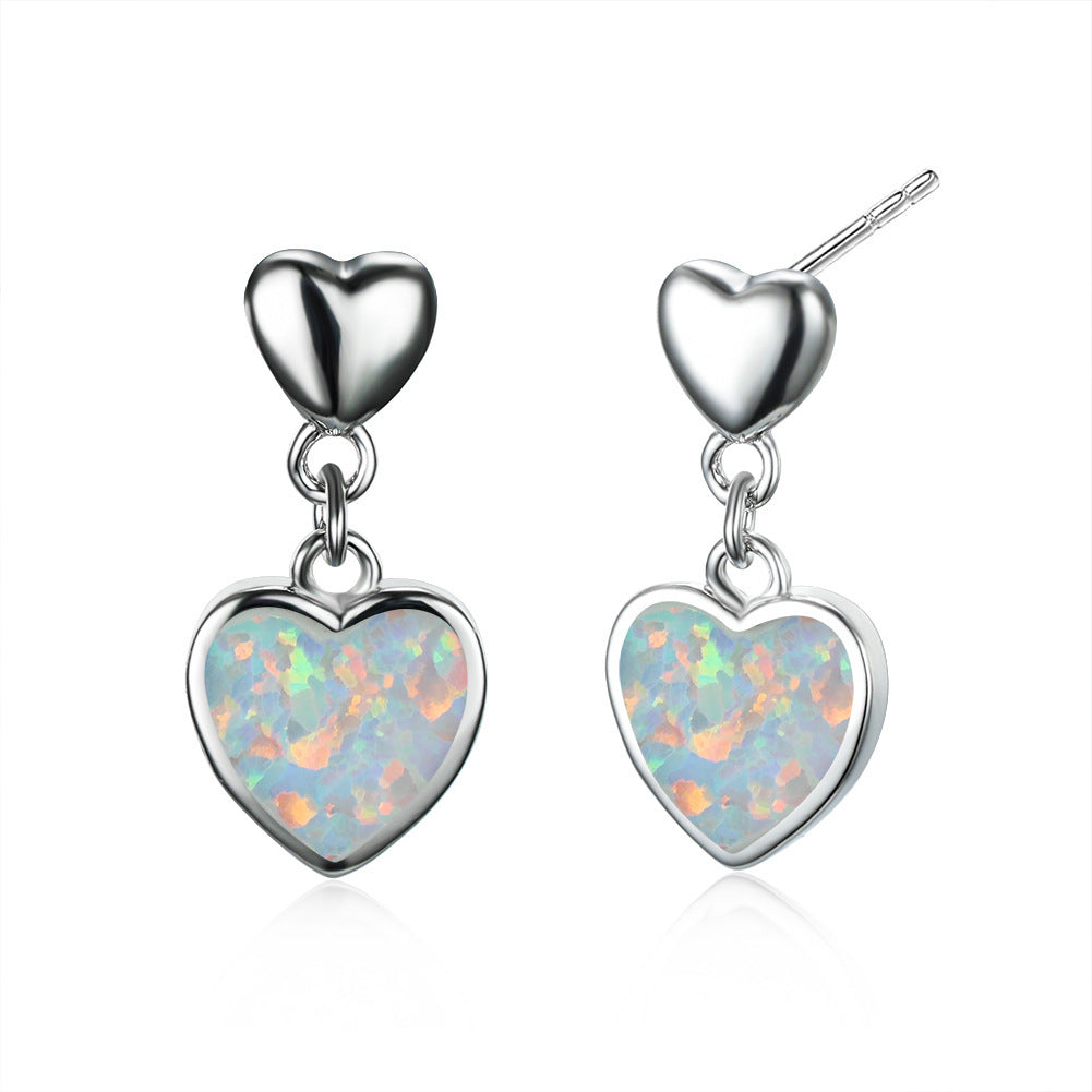 Women's Heart Dangle Earrings Inlaid With Blue & White Opal, with White Gold Plating