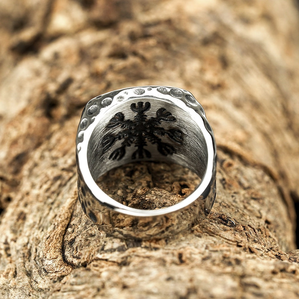 Vintage Antique Oxidized Solid Stainless Steel Hammered Texture Triquetra Celtic Knot Wide Signet Band Ring for Men