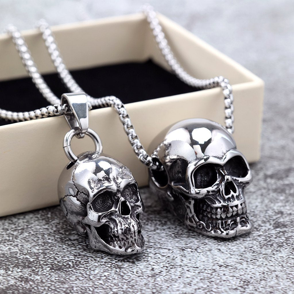 Vintage Stainless Steel Men's Halloween Skull Pendant Necklace
