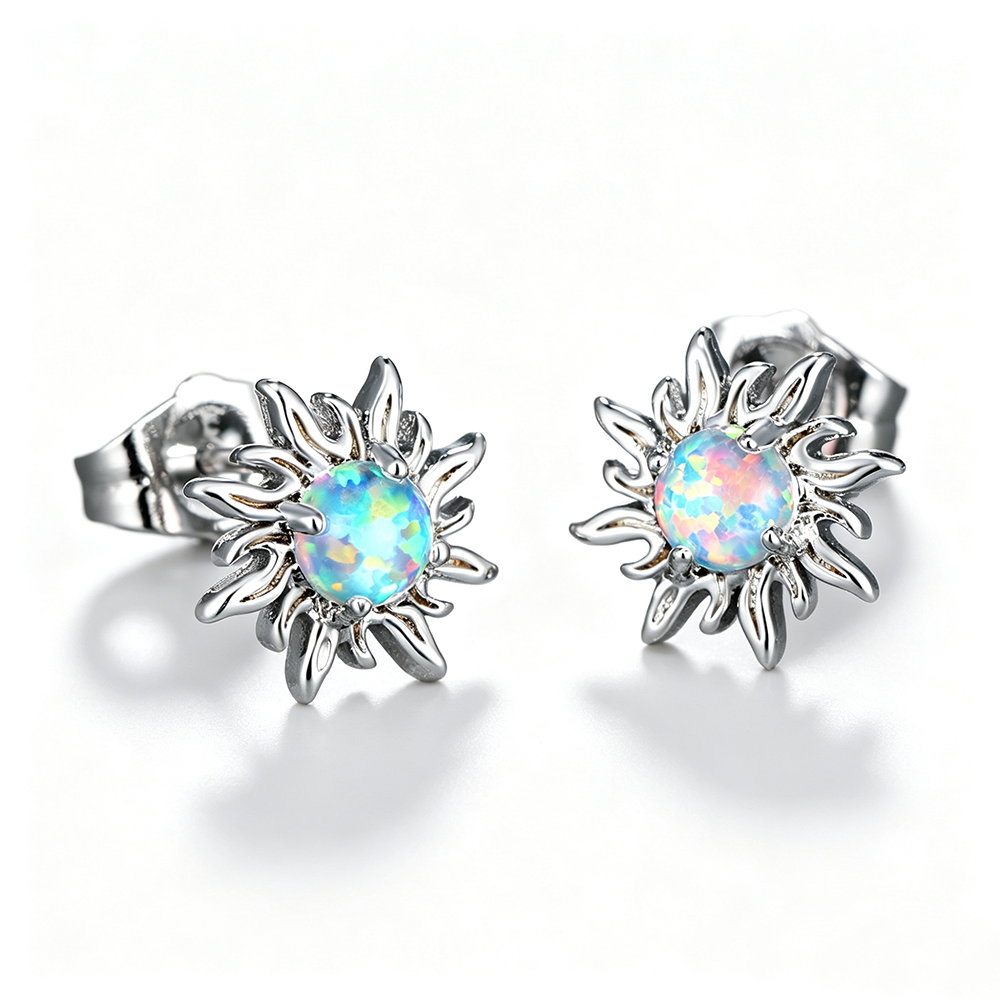 Women's Sunflower Round Opal Stud Earrings, Blue / White Opal Option, with White Gold Plating