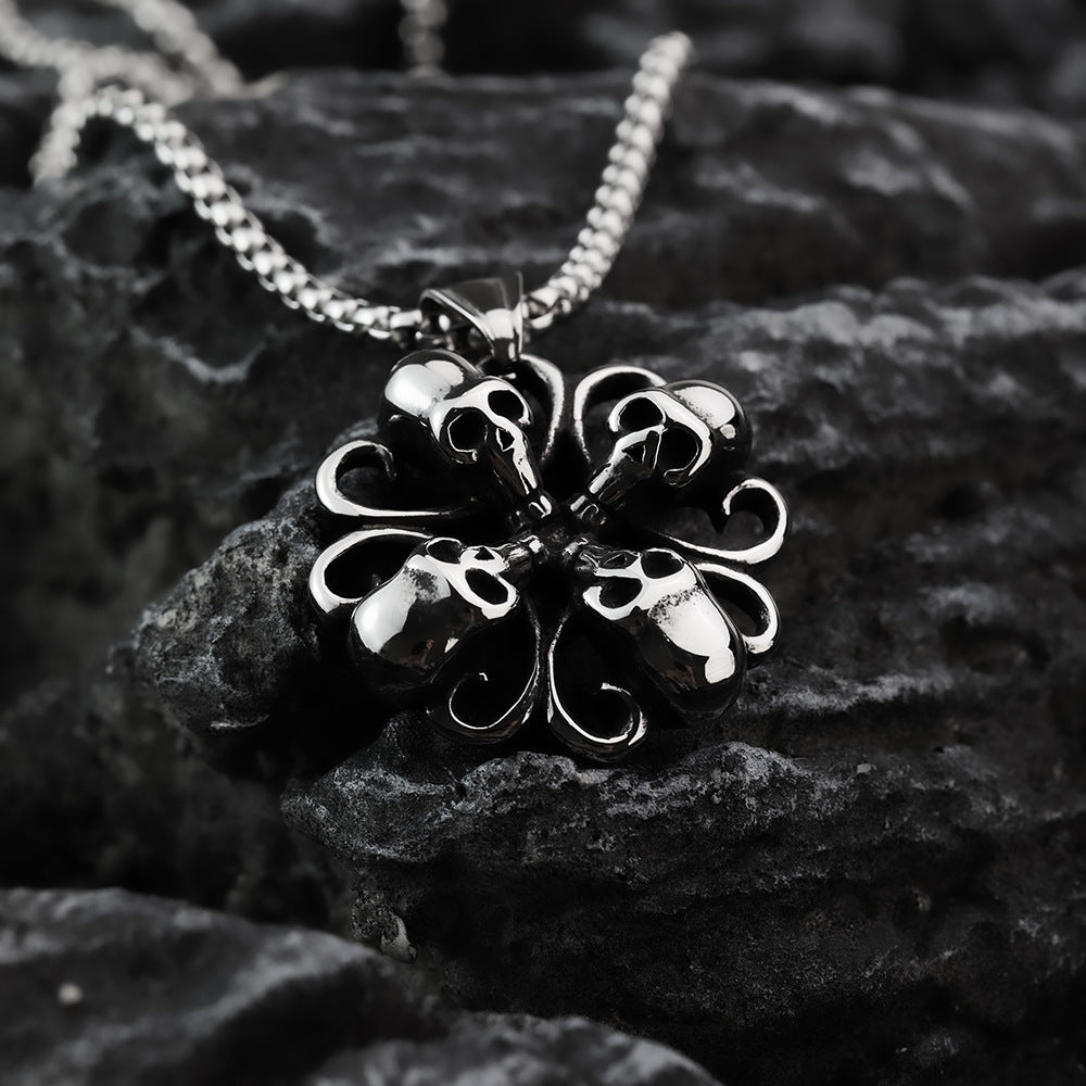 Men's Steel Flower Skull Pendant Necklace