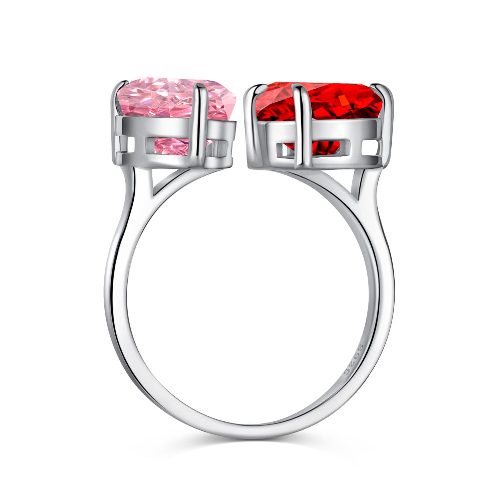 Women's Radiant Cut Ice Flower Cut Pink Heart & Red Pear Shape Dual Center Stone Open Ring, S925 with White Gold Plating