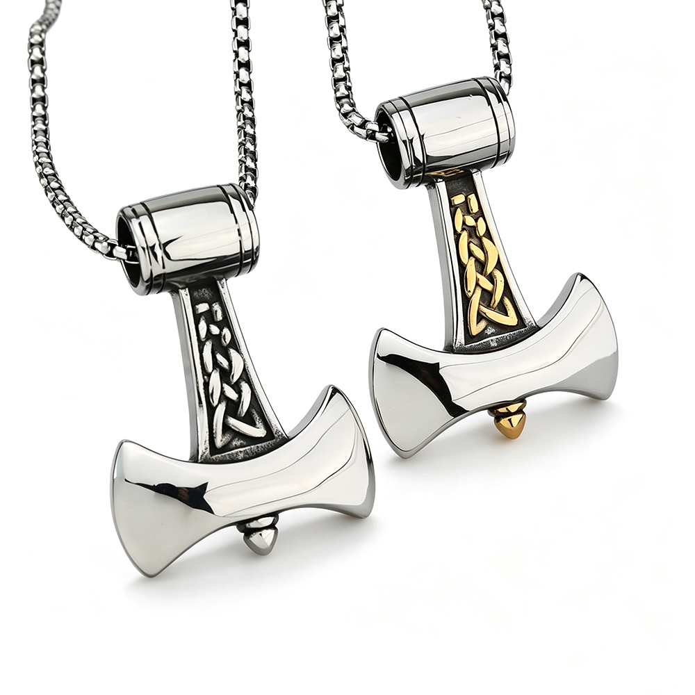 Men's Steel Viking Axe Two Tone Celtic Knot Pendant Necklace