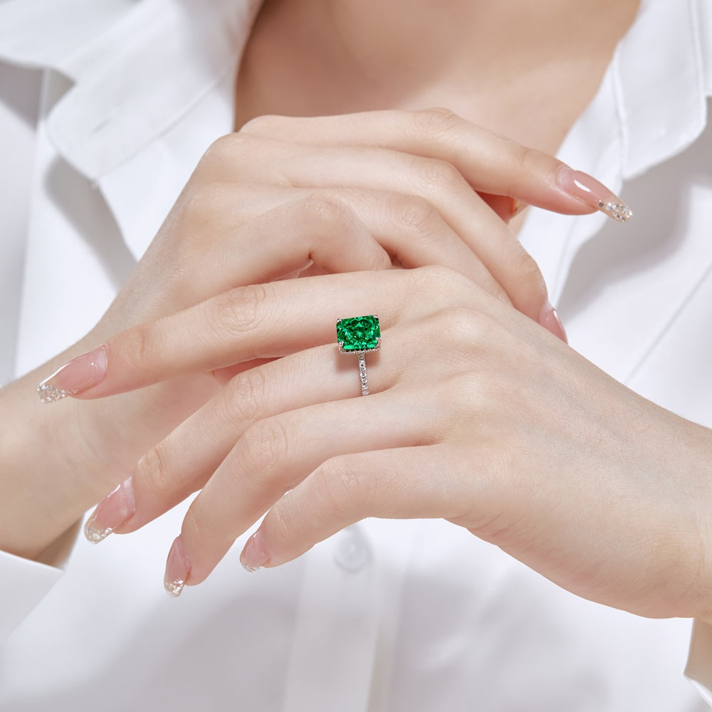 Women's Square Emerald Ice Flower Cut Zirconia Trendy Ring, S925 with White Gold Plating
