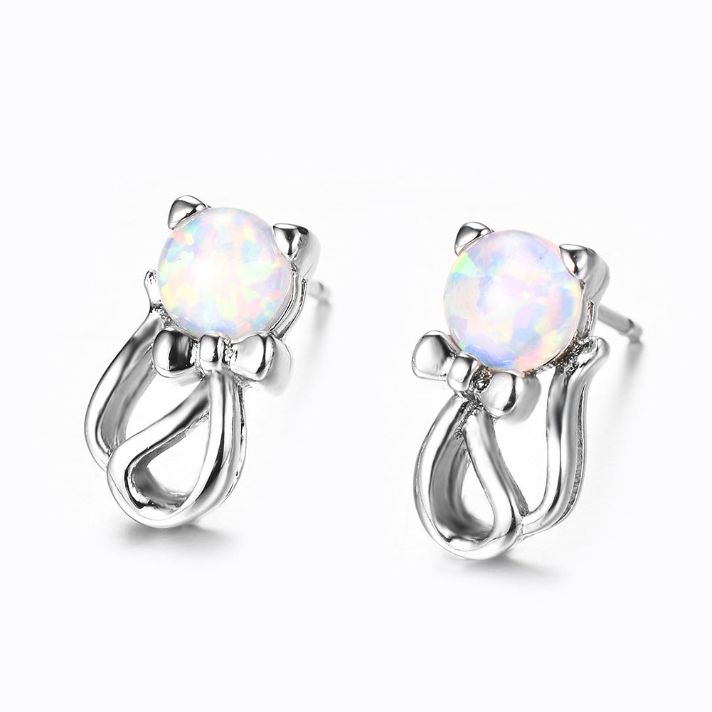Women's Cat‑Bow‑Knot Shape Stud Earrings, Blue Opal / White Opal
