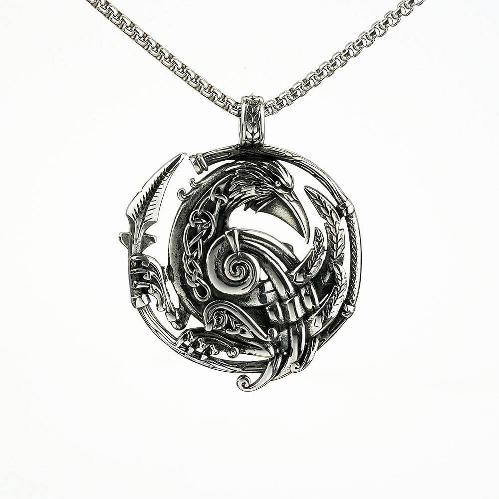 Mens Steel Nordic Raven Hollow Round Pendant Necklace