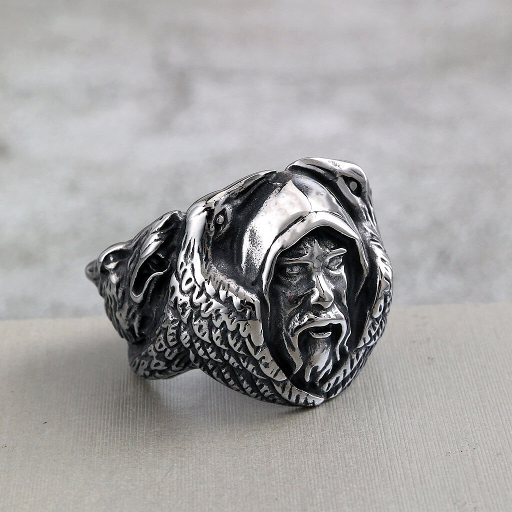 Vintage Stainless Steel Biker Viking Odin Raven Wolf Head Ring for Men