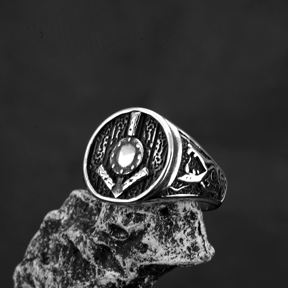 Vintage Solid Stainless Steel Hip Hop Shield Symbol Band Ring for Men