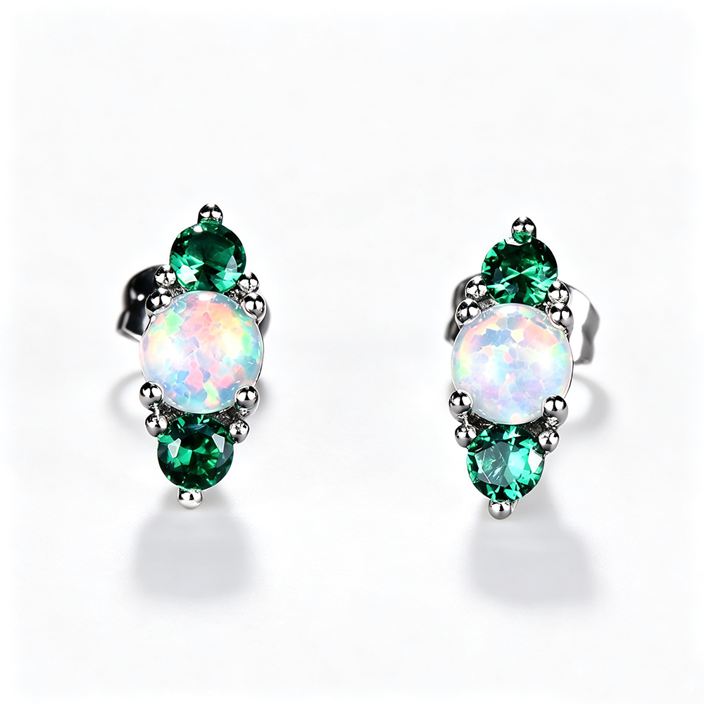Women's Stud Earrings, White Opal With Wine‑Red Gemstone / White Opal With Emerald Gemstone