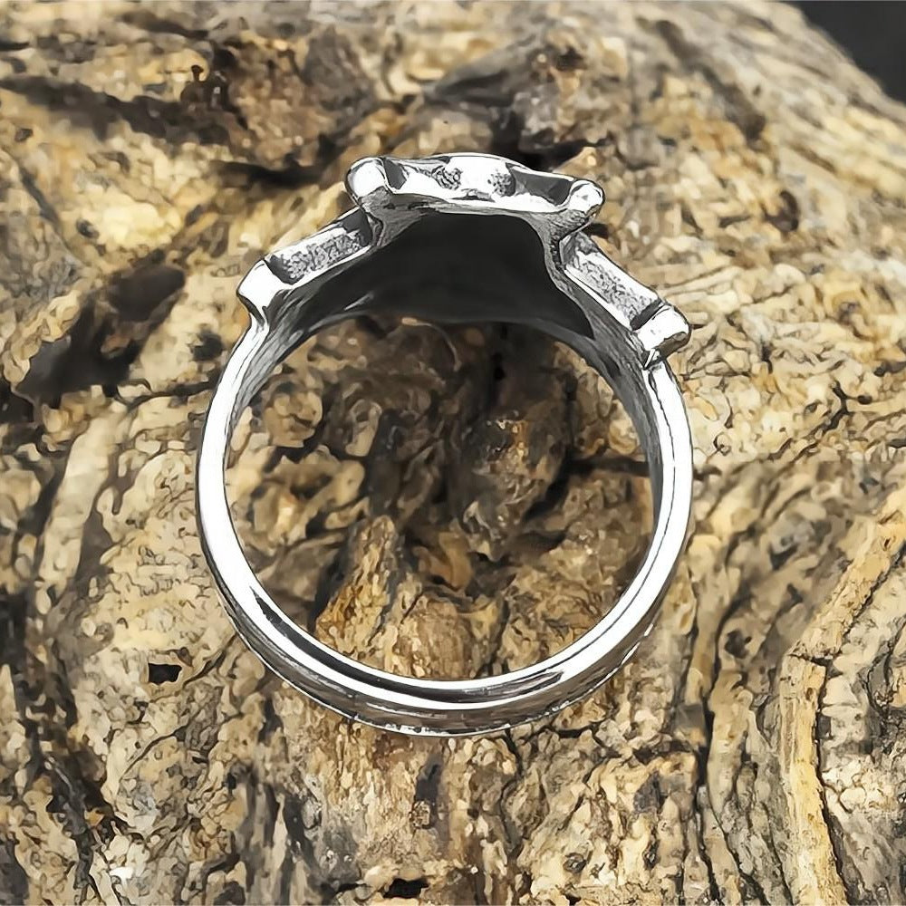 Vintage Solid Stainless Steel Nordic 3D Raven Mask Men's Ring With Viking Rune Wide Band