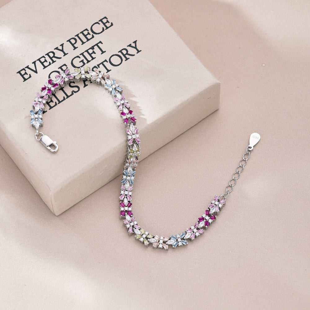 Women's High‑End Tennis Bracelet, Multicolor Marquise Zirconia Flower Design Inlay, S925 with White Gold Plating