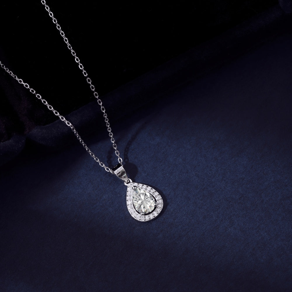 Women's Stylish Elegant Hollow Pendant Necklace, Pear Shape Zirconia Paved Inlay, S925 with White Gold Plating