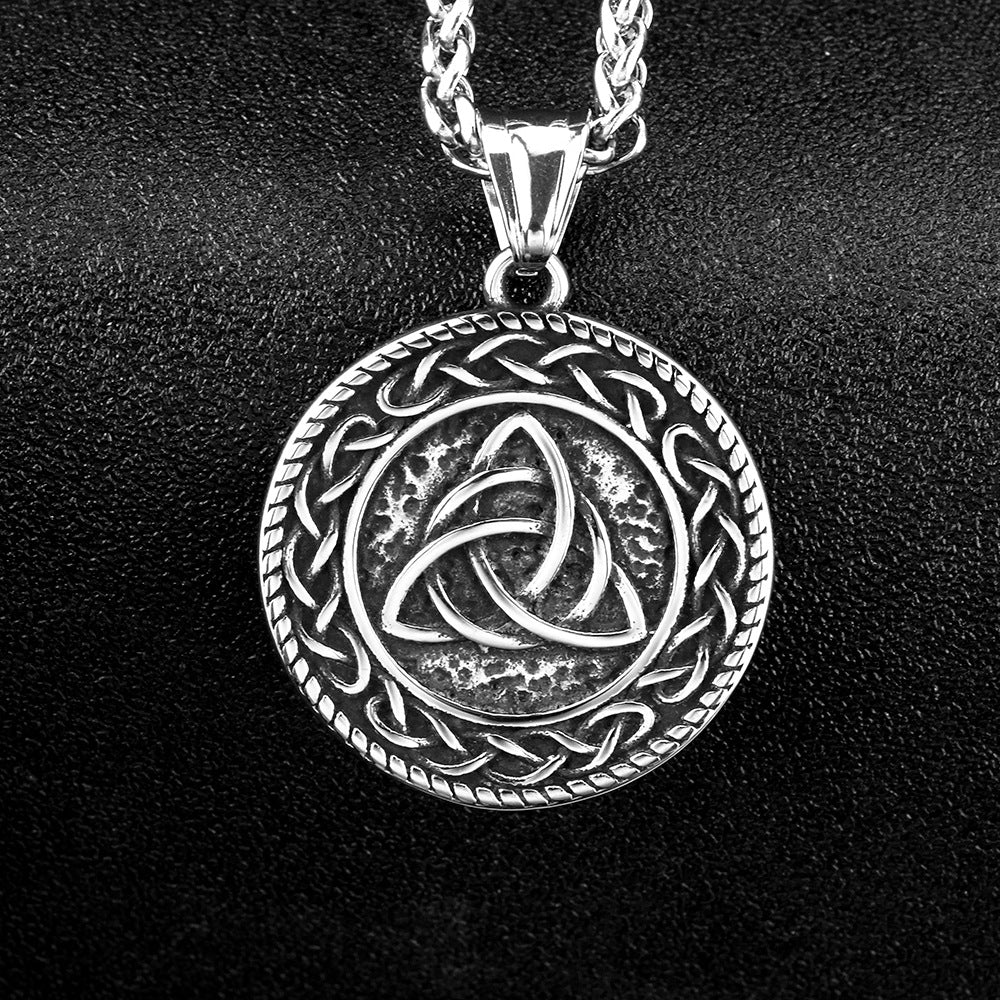 Men's Steel Celtic Triquetra Round Tag Pendant Necklace