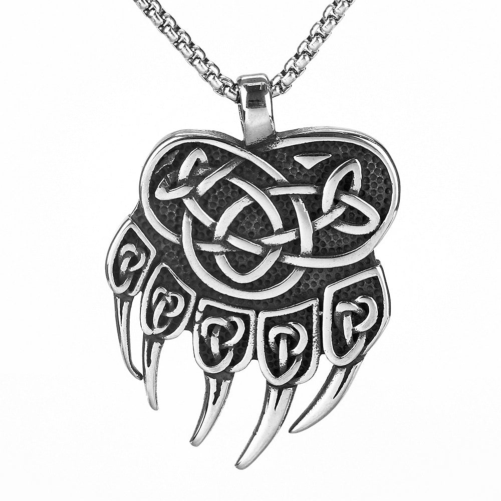 Vintage Men's Stainless Steel Viking Bear Claw Pendant Necklace