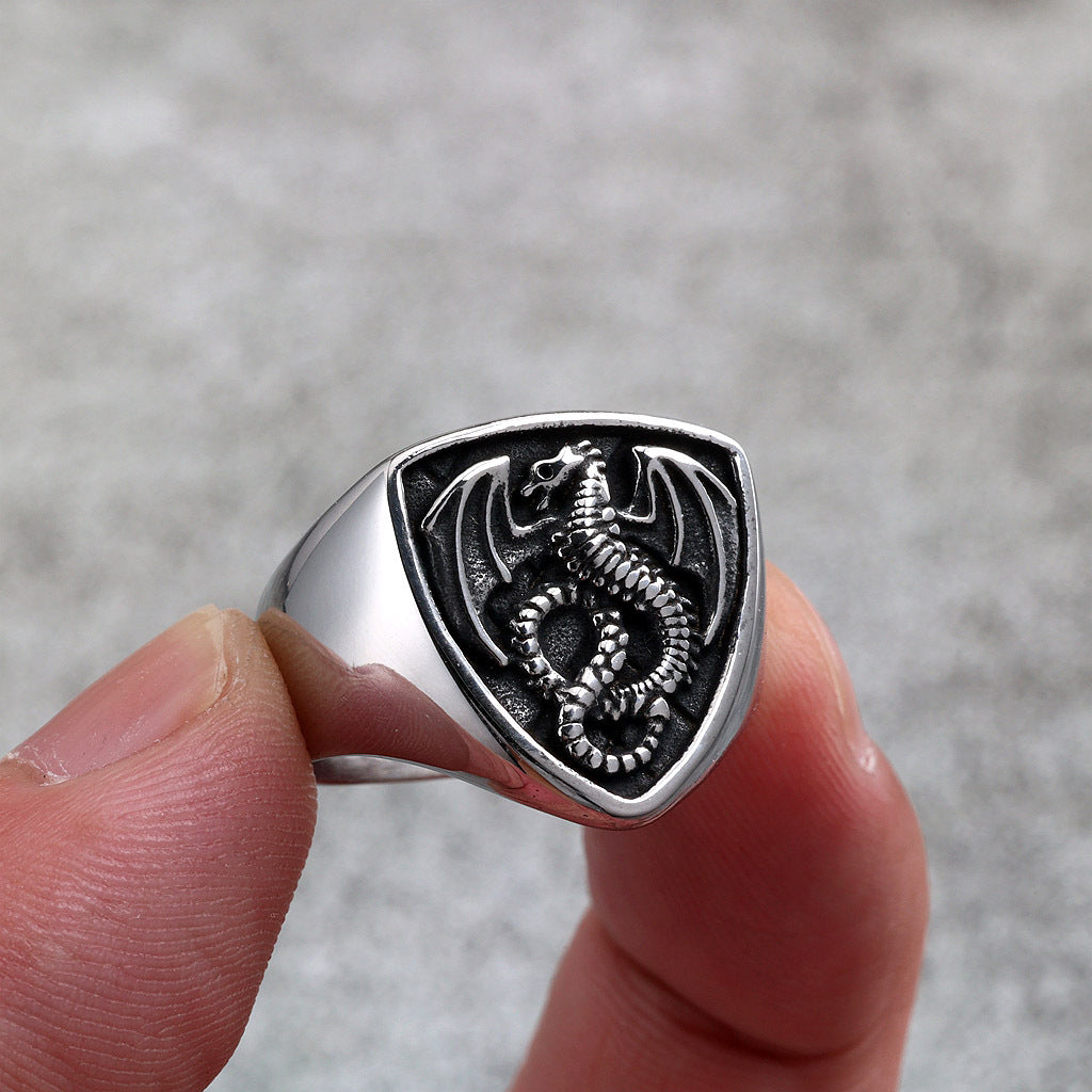 Vintage Solid Stainless Steel Shield Dragon Signet Ring for Men