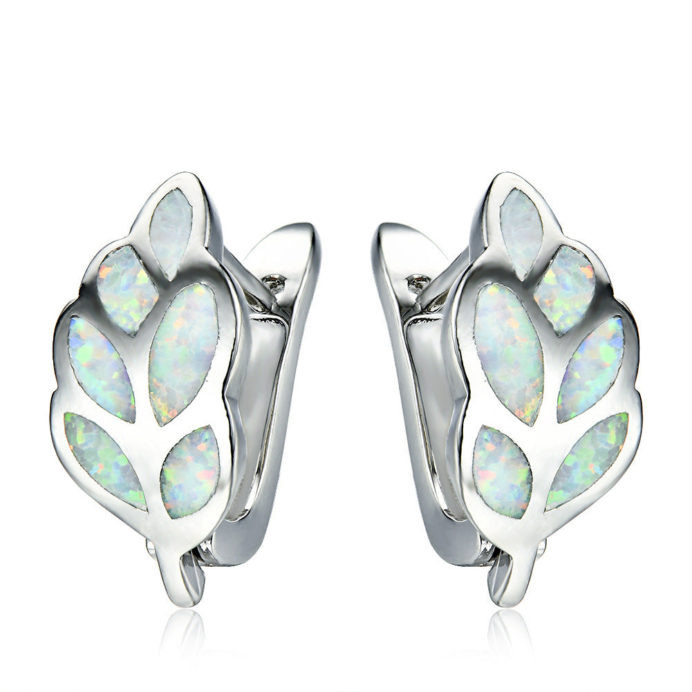 Women's Leaf‑Shaped Opal Huggie Clip‑on Earrings, with White Gold Plating