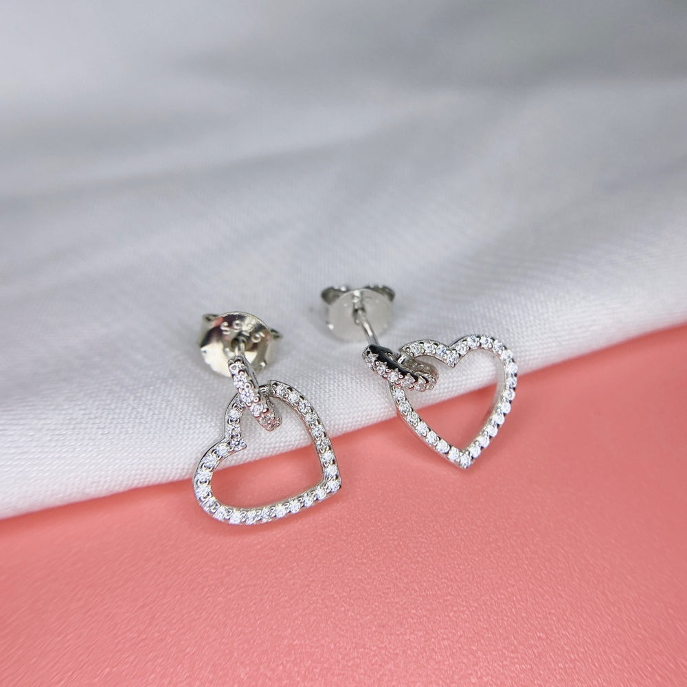 Women's Interlocking Heart Dangle Stud Earrings, Paved Zirconia, S925 with White Gold Plating