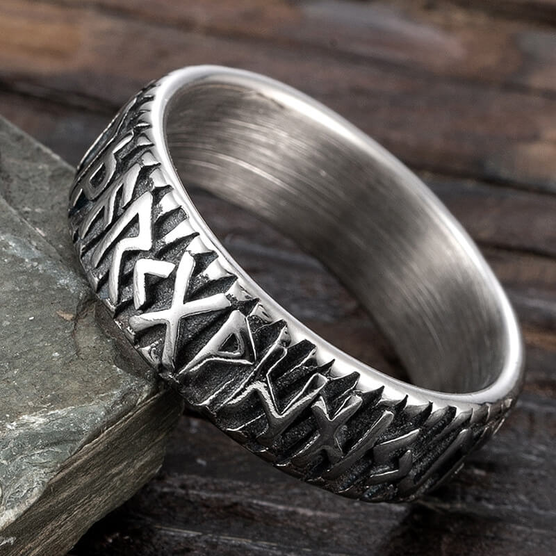 Vintage Solid Stainless Steel Norse Viking Full Rune Engraved Narrow Band Circle Ring for Men