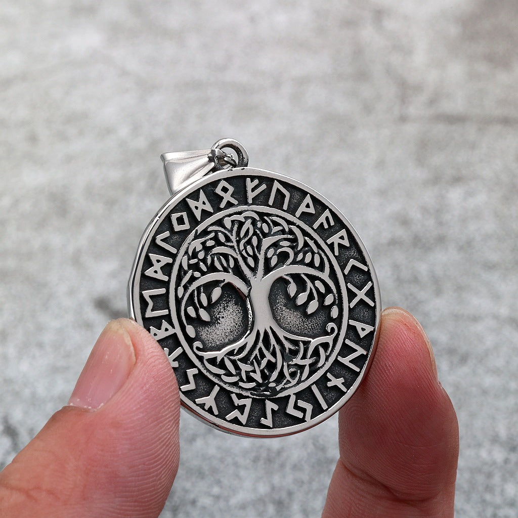 Vintage Stainless Steel Viking Tree of Life Rune Pendant Necklace for Men