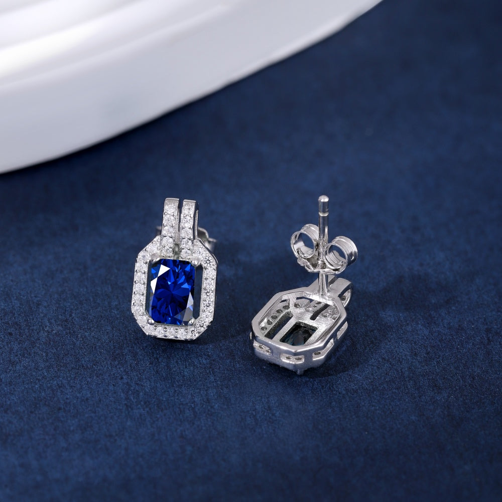 Women's Geometric Frame Stud Earrings, Rectangular Blue Sapphire, Round Zirconia Halo Setting, S925 with White Gold Plating