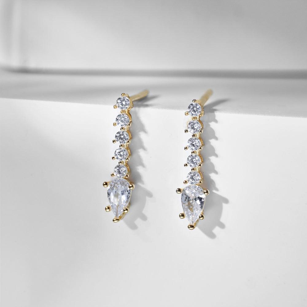 Women's Dangle Earrings, Pear Shape Main Stone Spliced With Drop & Round Colorless Zirconia Paved Setting, S925 with Gold Plating