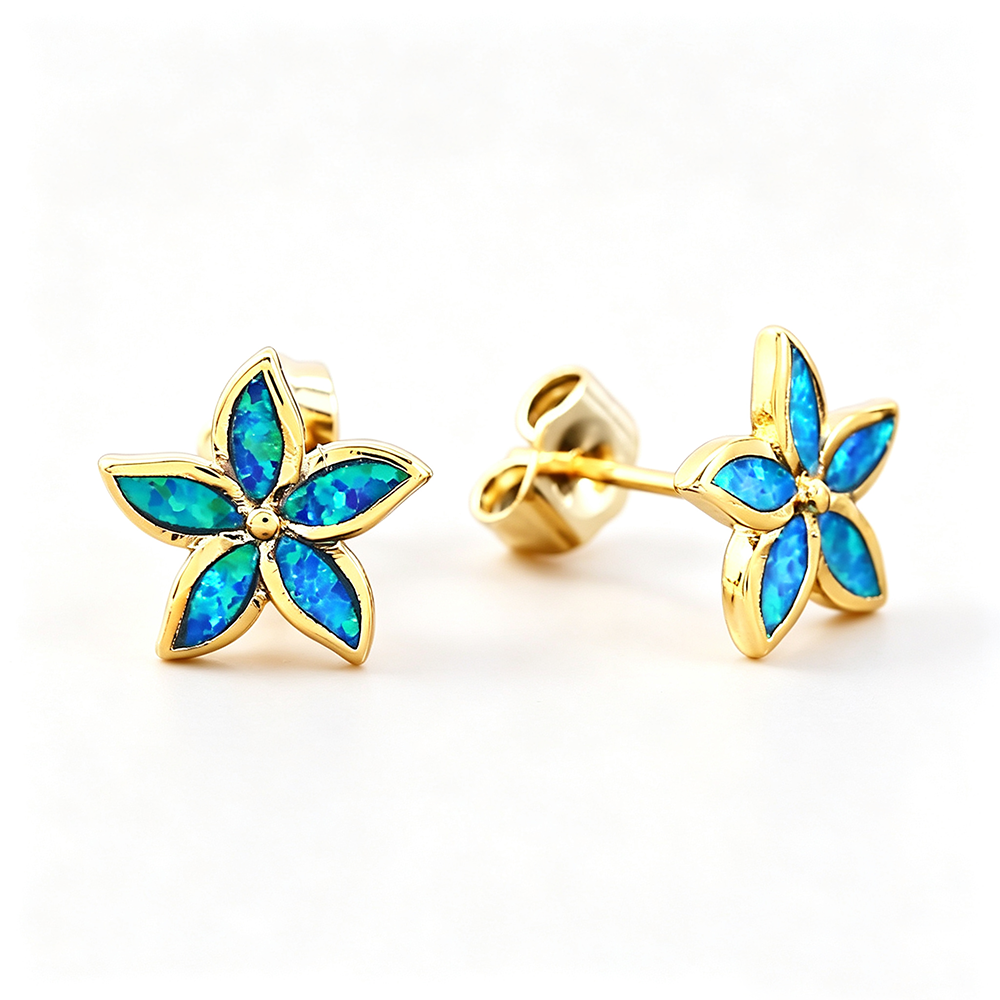 Women's Five‑Petal Flower Stud Earrings Inlaid With White & Blue Opal, with Gold Plating / with White Gold Plating