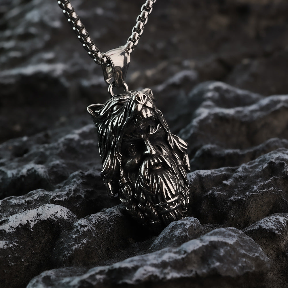 Men Stainless Steel Vintage Viking Odin Wolf Head Pendant Necklace