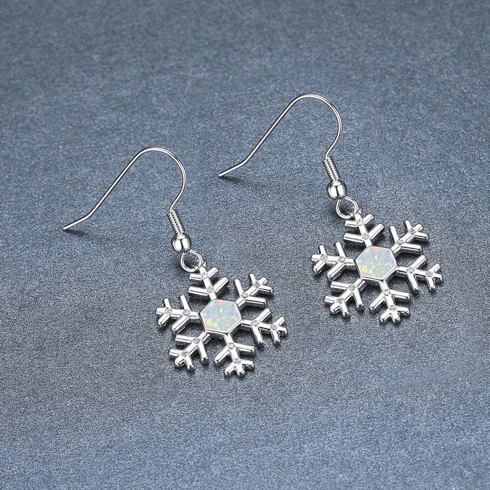 Women's Snowflake Hexagon Blue Opal & Zirconia Dangle Hook Earrings