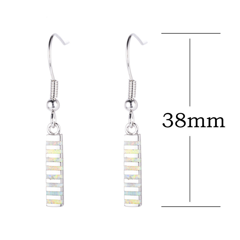 Women's Vertical Bar Inlaid Opal Dangle Hook Earrings, with White Gold Plating