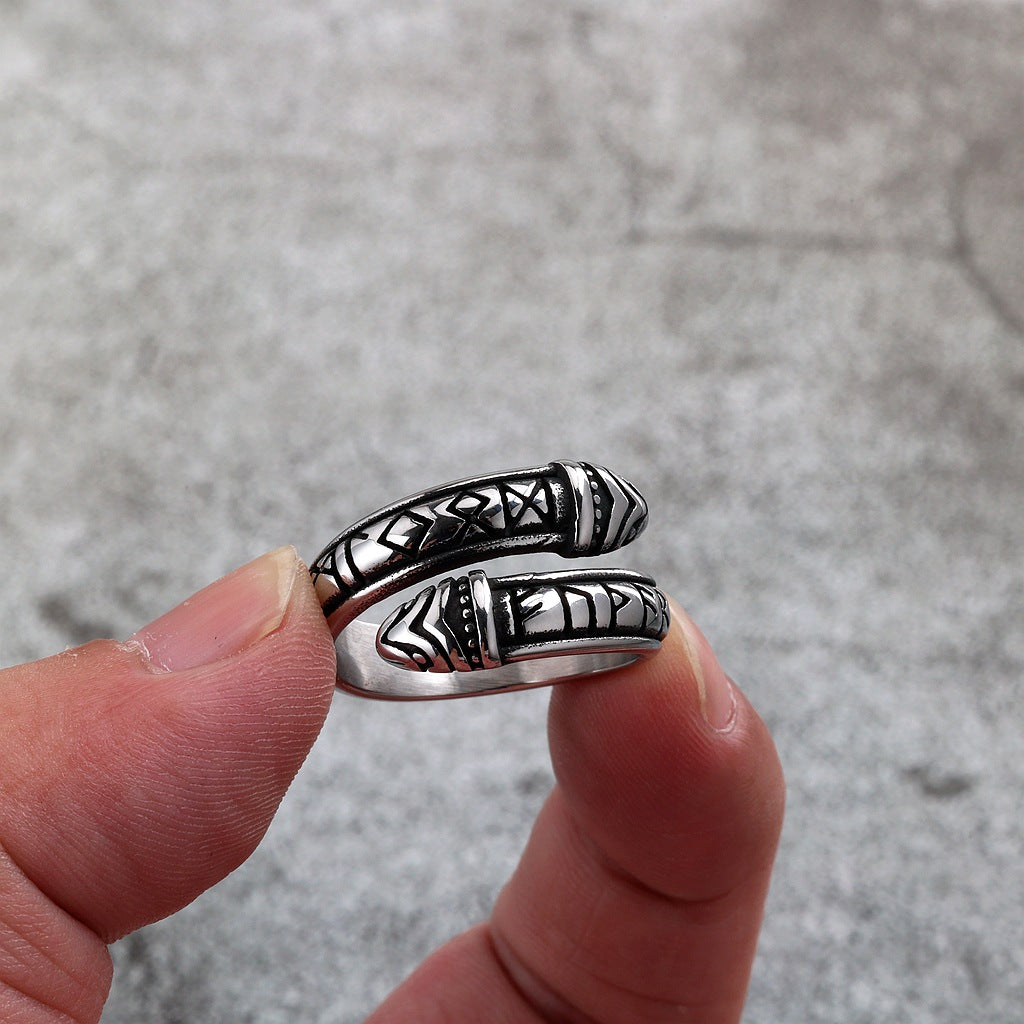 Vintage Stainless Steel Narrow Band Viking Script Symbol Snake Ring for Men