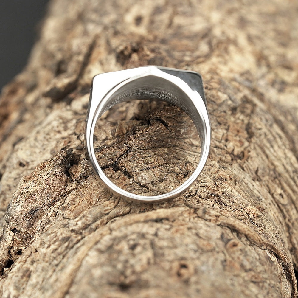Vintage Antique Oxidized Solid Stainless Steel Norse Viking Helm of Awe Rune Hexagon Signet Band Ring for Men
