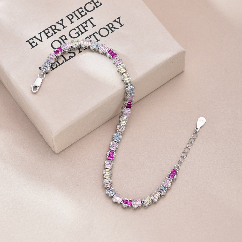 Women's Delicate Tennis Bracelet, Multicolor Baguette Zirconia Full Paved Inlay, S925 with White Gold Plating