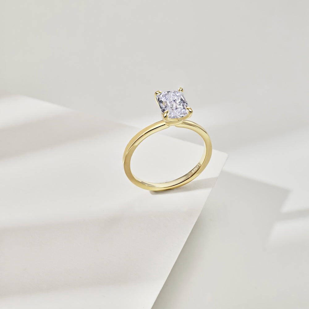 Women's Gold Plated S925 Silver Radiant Cut Ice Flower Cut Rectangular Colorless Cubic Zirconia Solitaire Ring
