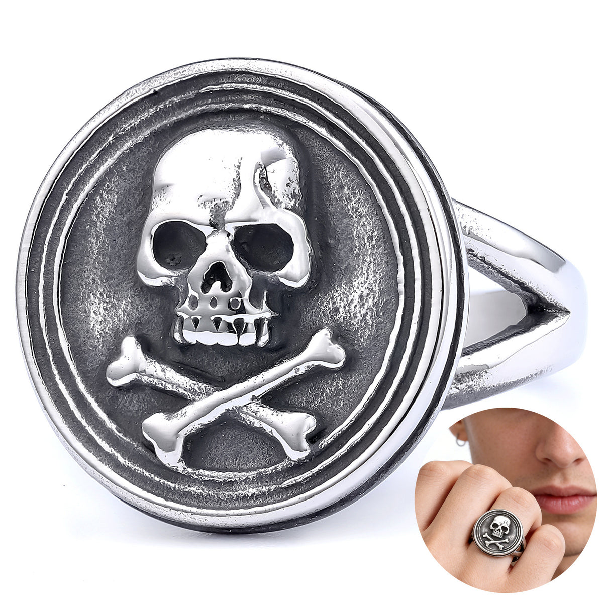 Men's Vintage Round Skull Crossbones Ring