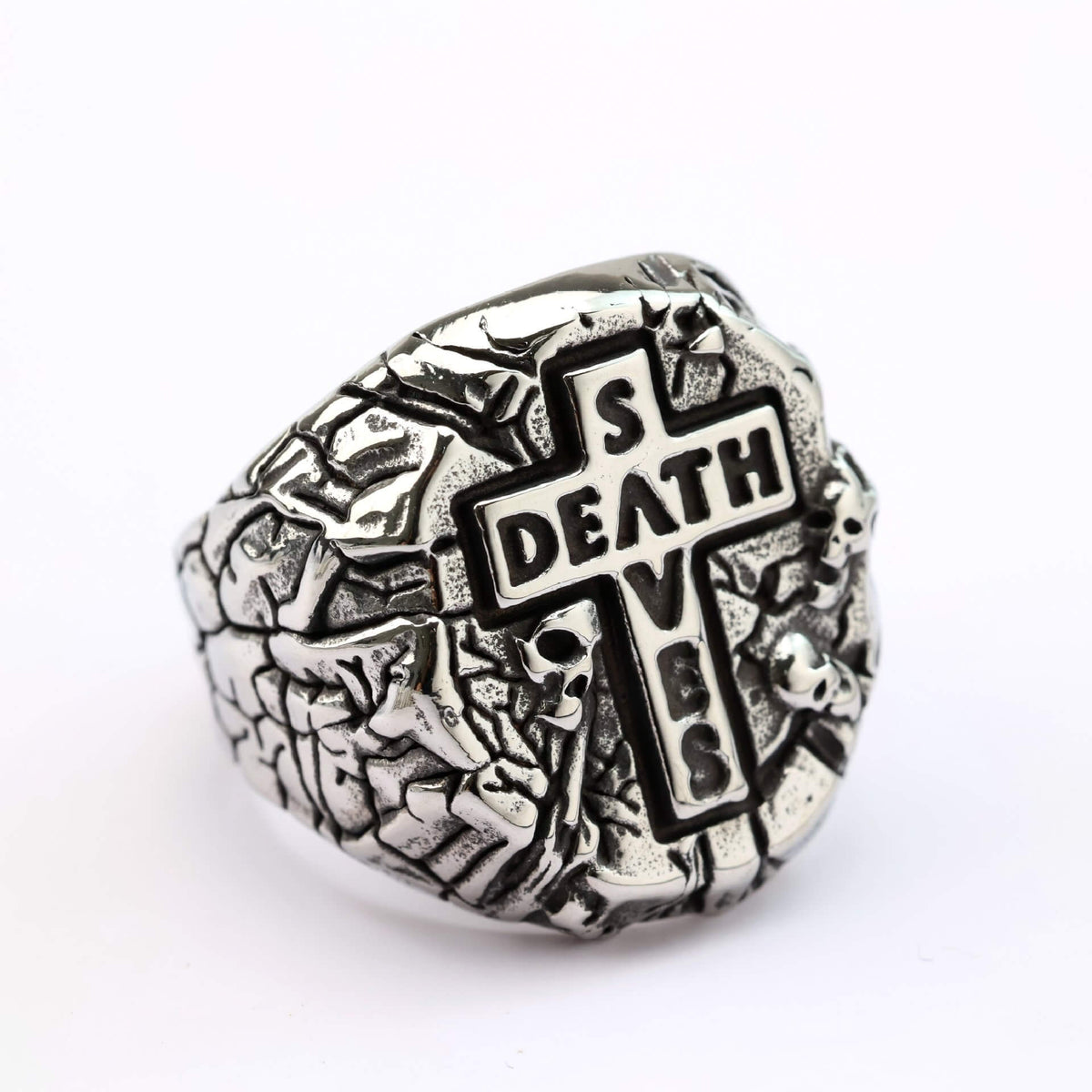 Vintage Antique Solid Stainless Steel 3D Carved Rock Crack Skull Death Cross Signet Ring for Men