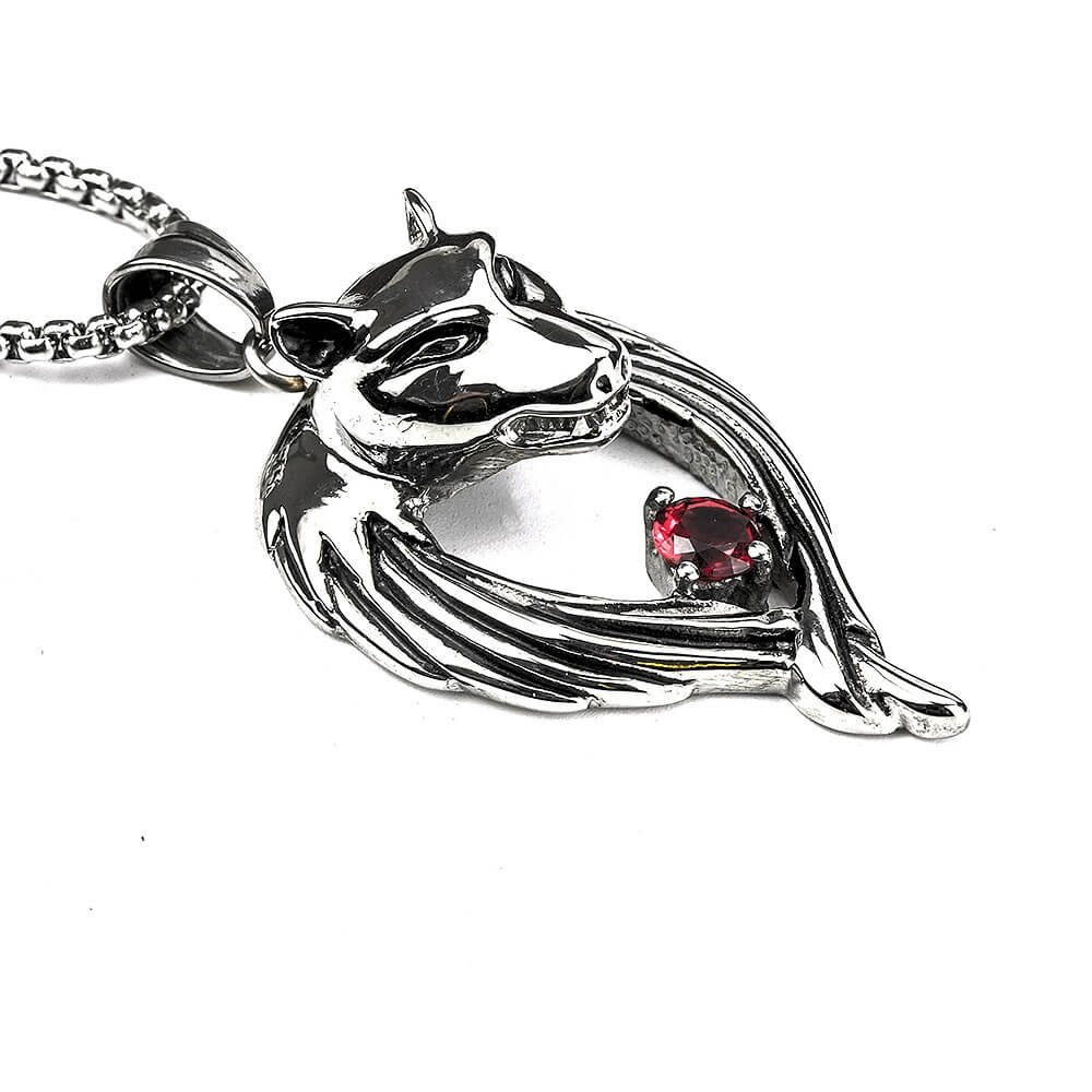 Vintage Stainless Steel Men's Wolf Head Pendant Necklace Inlaid Red Zircon