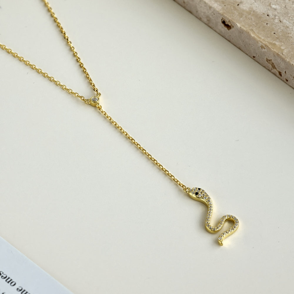 Women's Unique Snake Pendant Necklace, Round Zirconia Inlay, S925 with 18K Gold Plating