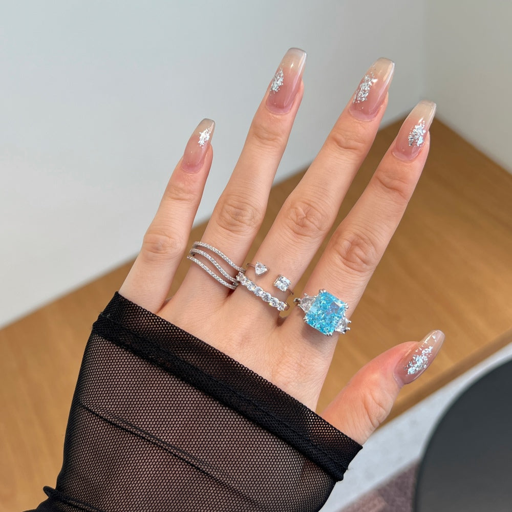 Women's White Gold Tone Ring Inlaid with Blue Rectangular & Polygon Zircon Stones