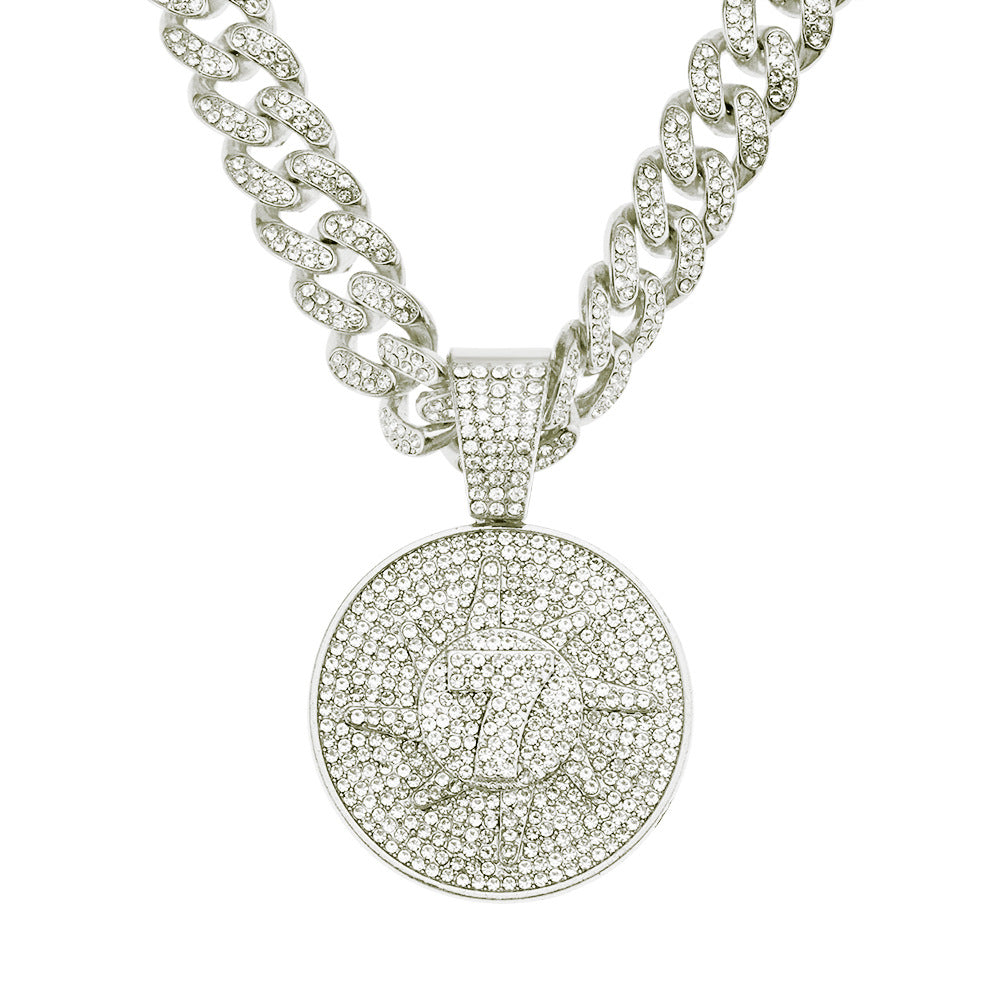 Hip-Hop 3D Zircon-Encrusted Number 7 Round Tag Cuban Chain Pendant Necklace
