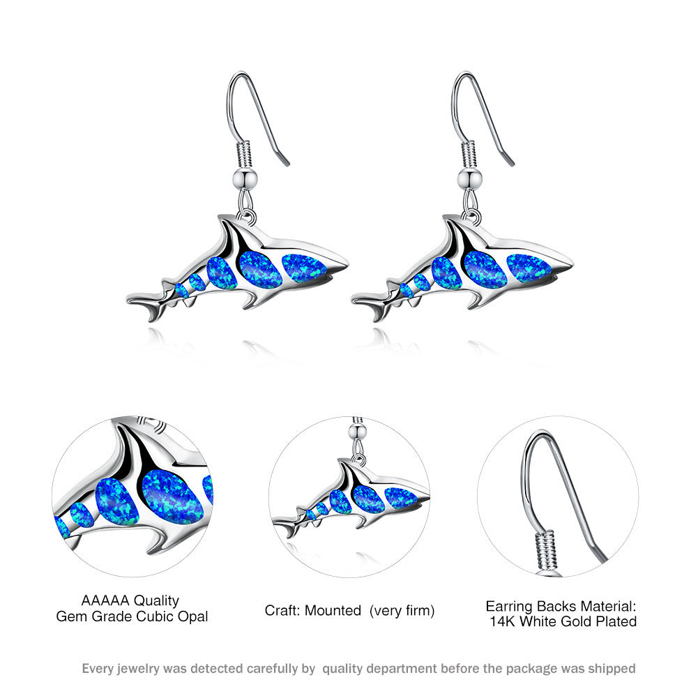 Women's Shark Shape Blue & White Opal Fish Hook Dangle Earrings