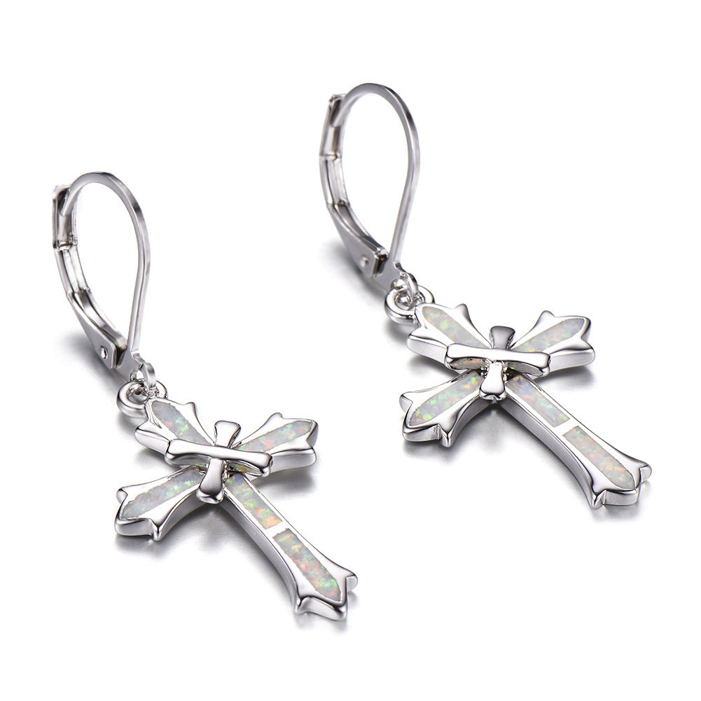 Women's Cross Dangle Hoop Earrings With Blue Opal Inlay, with White Gold Plating